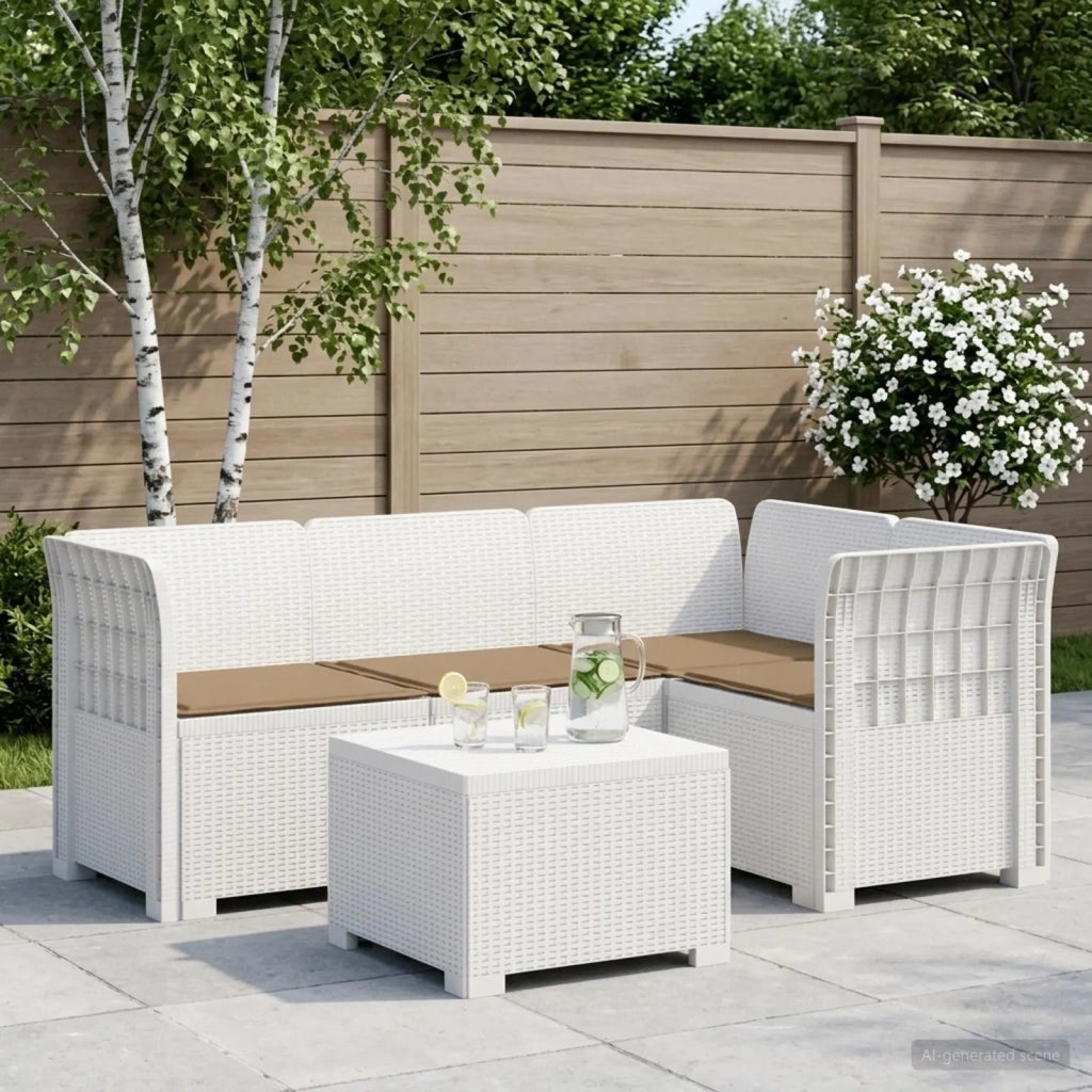 Divano da giardino 4 posti con cuscini aspetto rattan PP Bianco 3444008