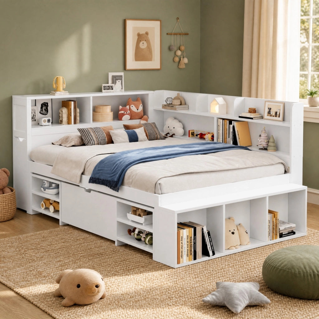 Letto bambino multifunzione con cassetti e ripiani, 140x190 cm, bianco