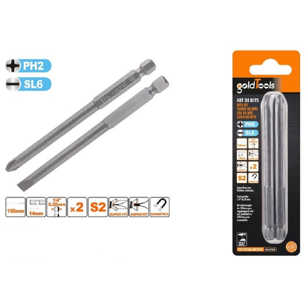 Trade Shop - Kit 2 Bits 100mm Gambo 1/4" 6.35mm Punta S2 Magnetica Croce Ph2 Taglio Sl6 57250 -
