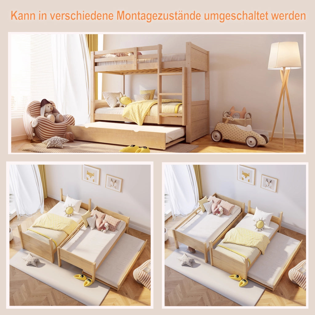 DESMIU Letto a castello 3 posti 90 × 200 cm con letto estraibile, senza materasso, in legno, colore legno