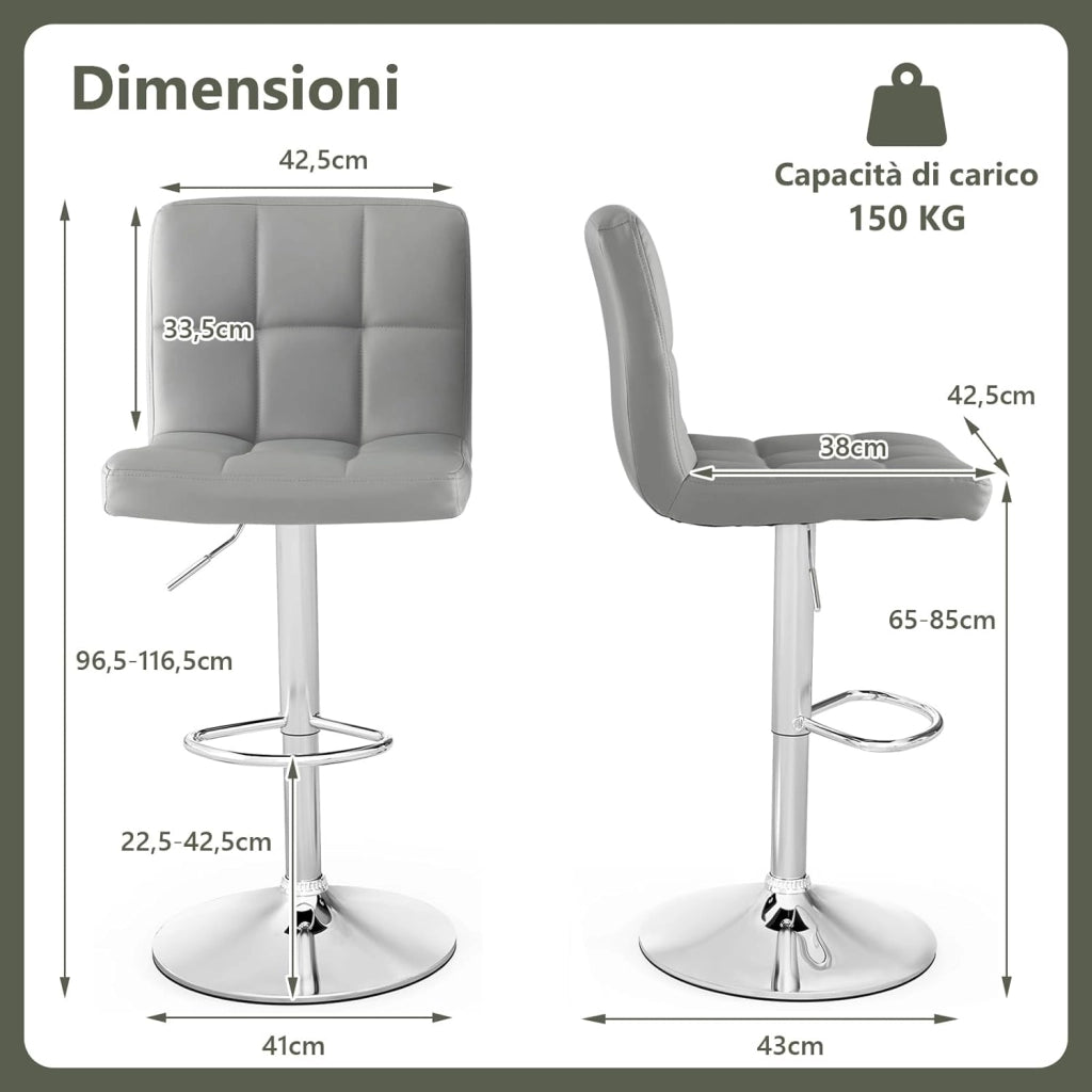 Sgabello Regolabile in Altezza in Ecopelle, Sgabello Cucina Girevole a 360° con Poggiapiedi e Base Metallica Antiscivolo, Sedia Portata 150 kg per Sala da Pranzo e Penisola Cucina (Grigio,2)