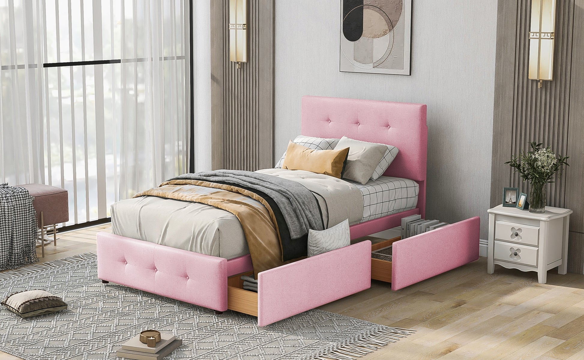 Letto imbottito 90x200 - Xylo - Beige con cassetti