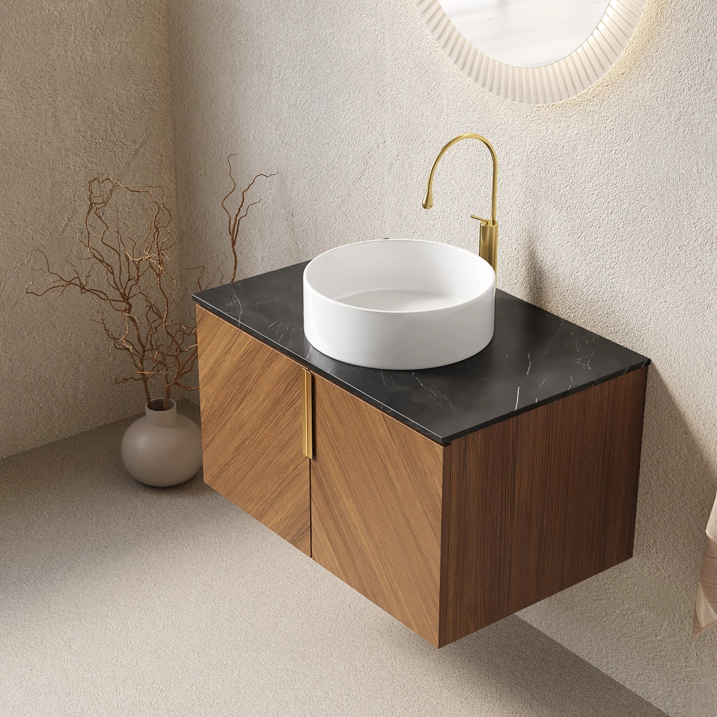 Mobile sottolavabo da bagno con lavabo in ceramica e 2 ante, chiusura ammortizzata, rovere marrone, per bagno, 76 cm