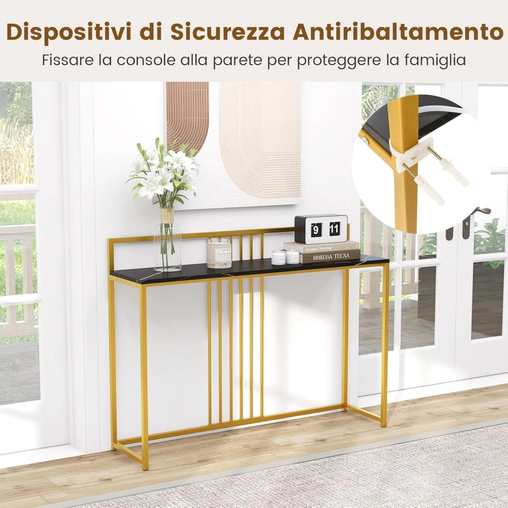 Tavolo Consolle 120 cm, Tavolo d’Ingresso con Piano Effetto Marmorino e Sponda, Consolle con Struttura in Metallo Dorato per Salotto, Corridoio e Ingresso (Nero)