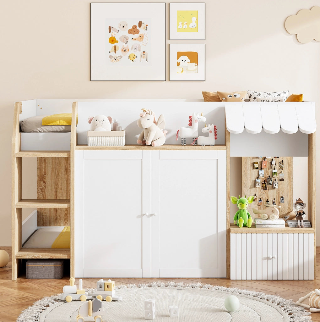 Letto a soppalco 90x200 cm con scala e contenitore in legno bianco e colore naturale