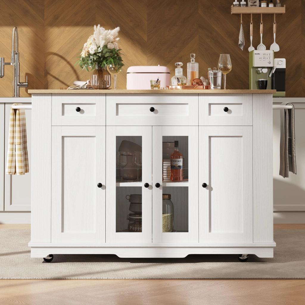 Carrello da Cucina con Cassetto; Vani Contenitore e Piano Ribaltabile; in MDF Metallo e Vetro; Bianco Naturale; 151;5 x 60 x 91;7 cm