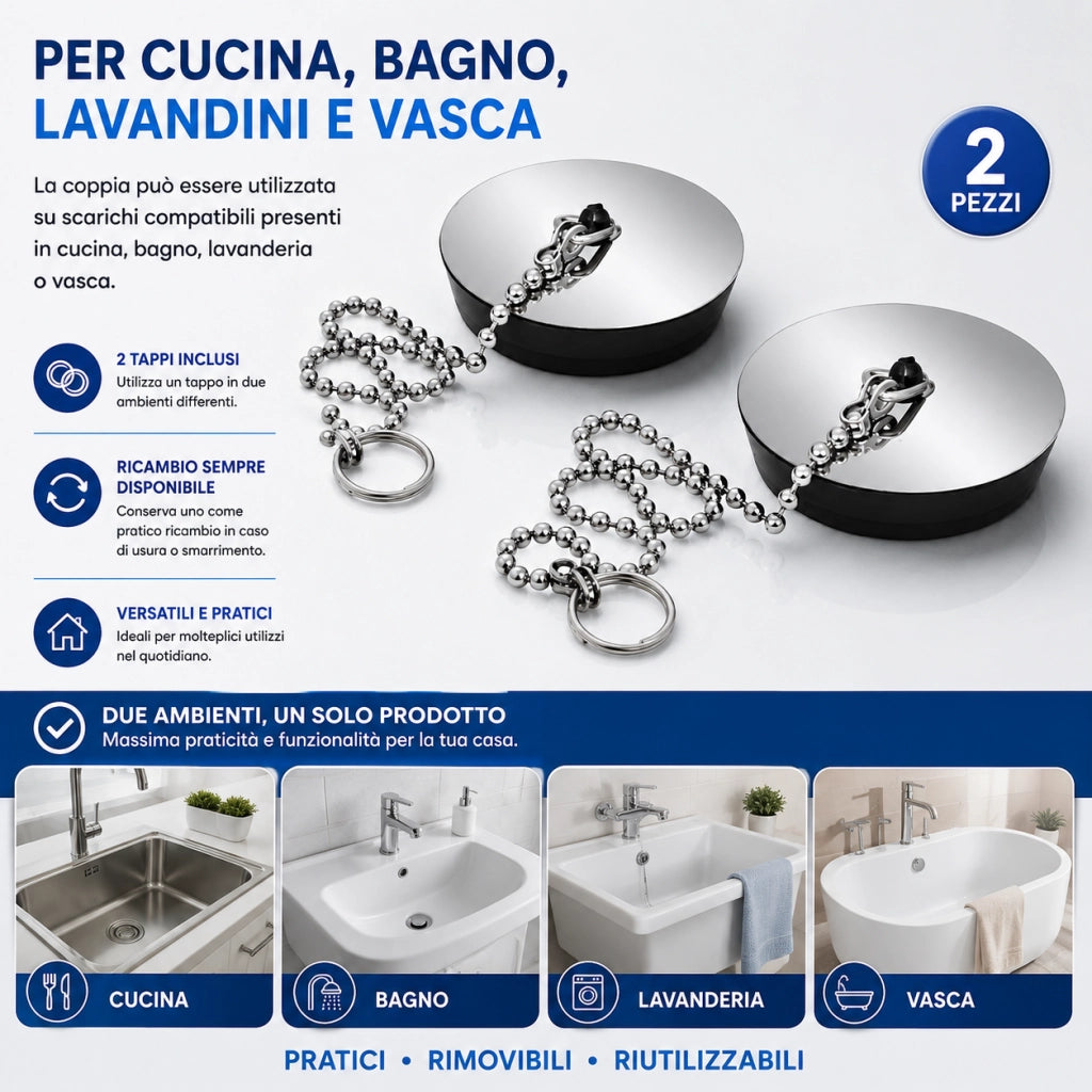 2 Tappi Universali Lavello Ø4 cm con Catena Cucina Bagno Vasca 10394