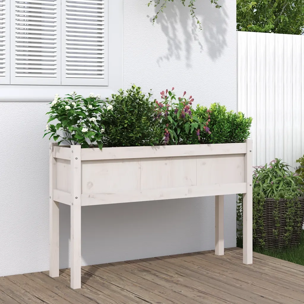 Fioriera da Giardino con Gambe-Vaso da Esterno-Contenitore per Piante Bianca 110x31x70cm Massello Pino