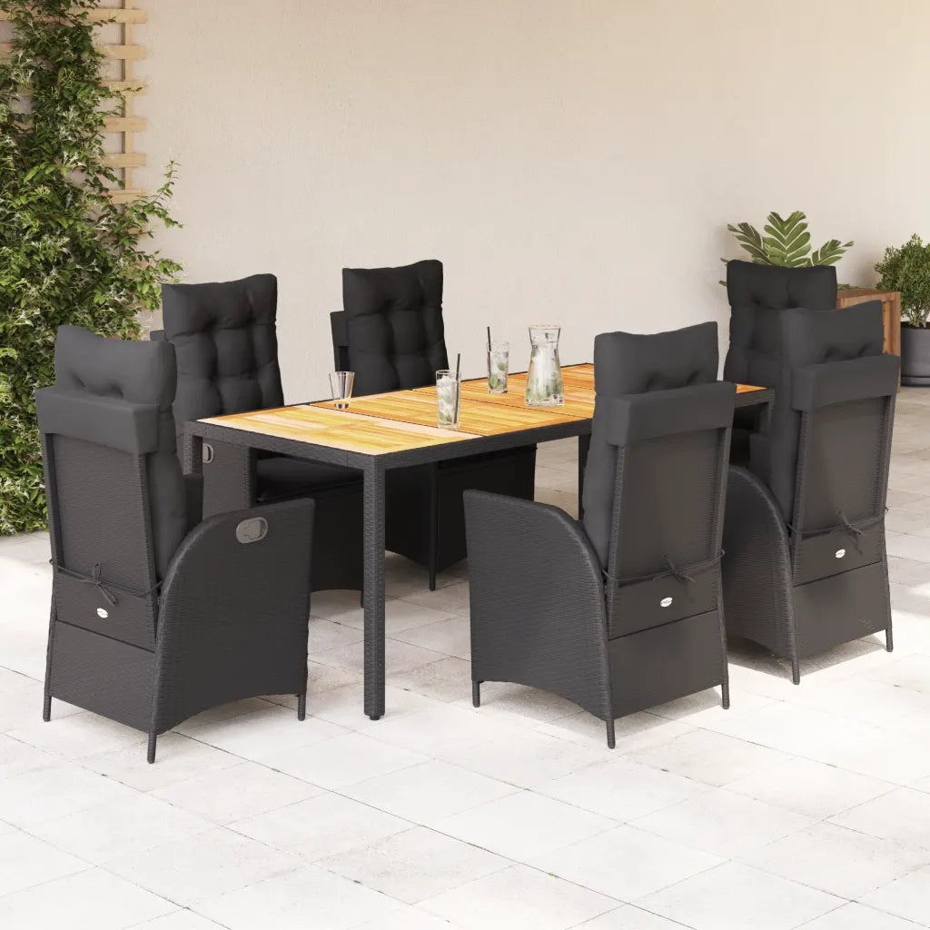 Set da Pranzo da Giardino 7 pz Nero con Cuscini in Polyrattan