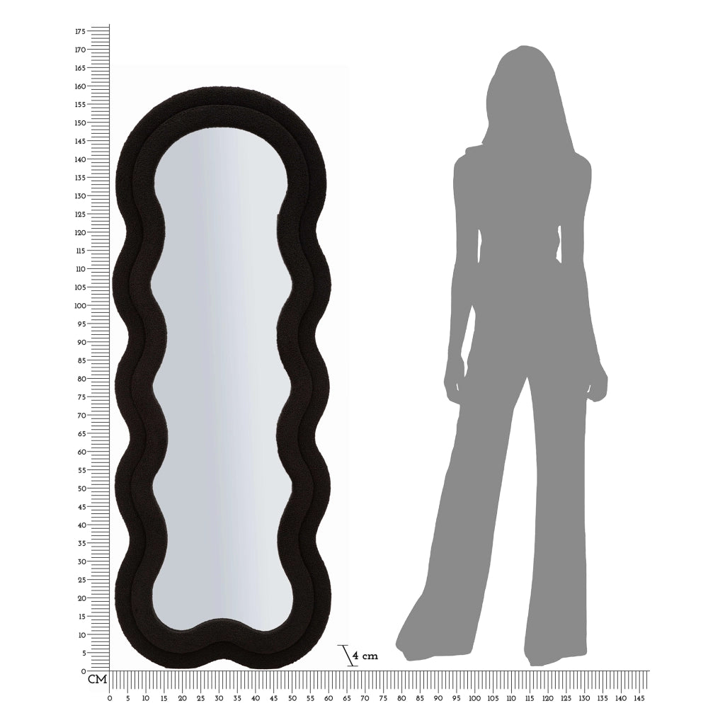 Marylin, Specchio Cornice Ondulata Tessuto Teddy, 60x160h cm Nero