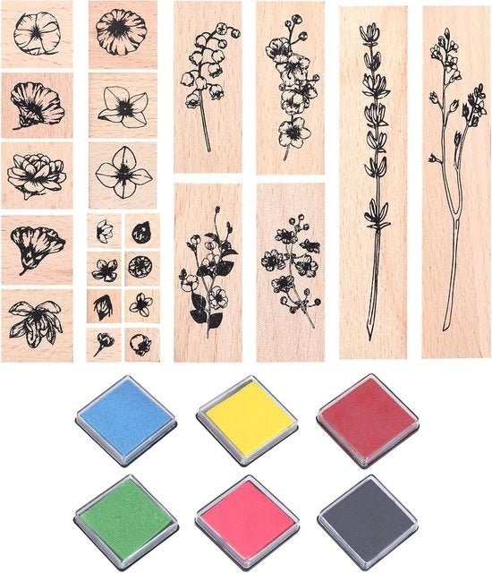 Set di timbri con motivi fiorali e cuscinetti di timbro - 22 pezzi - Set di timbri personalizzabili per DIY con erba e fiori - Decorazione a mano per progetti