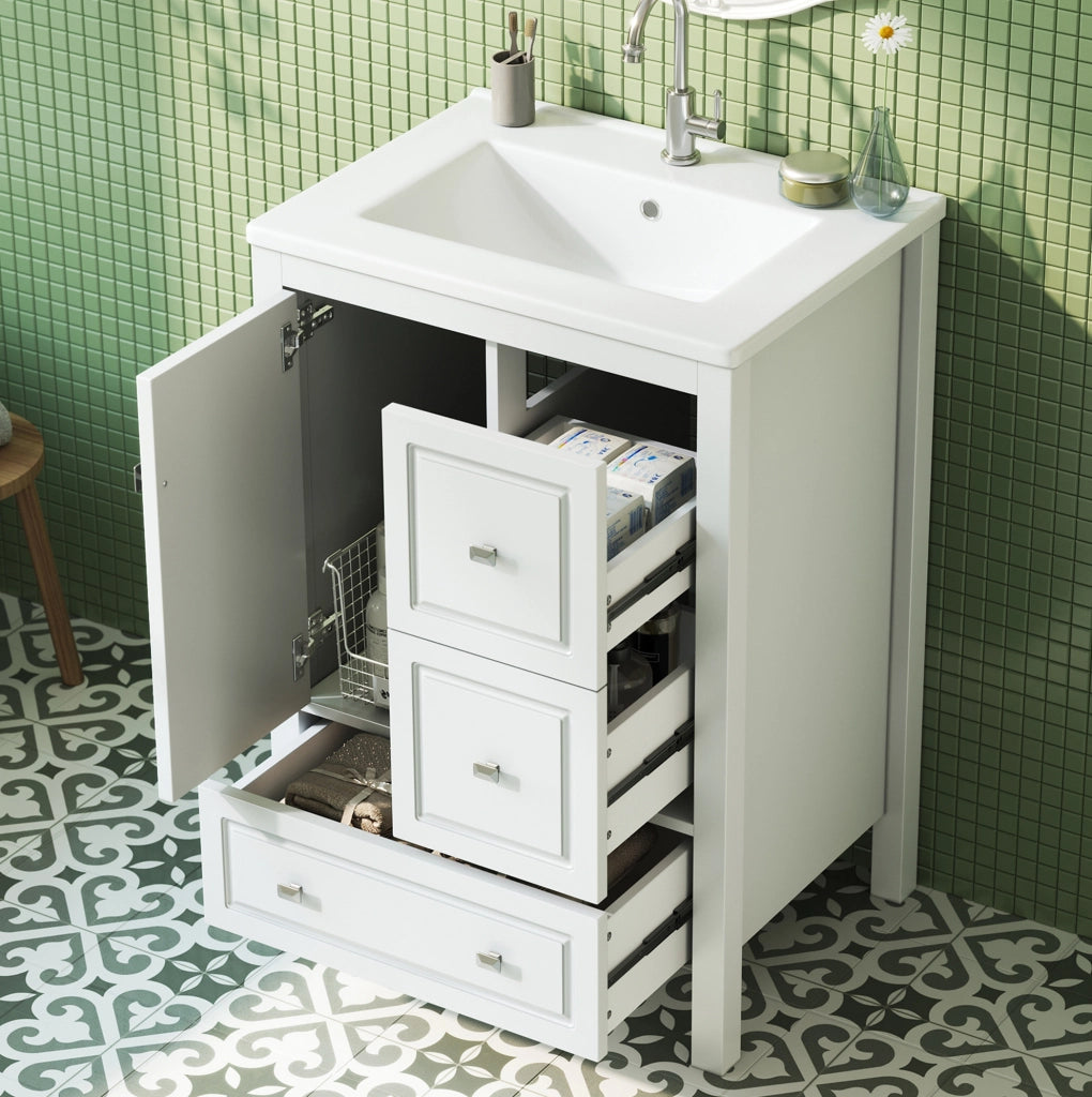 Mobile lavabo da bagno freestanding con lavabo in ceramica bianco