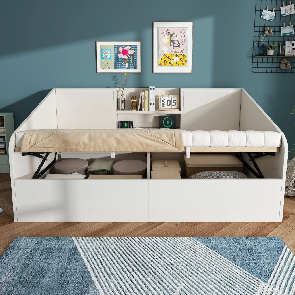 DESMIU Lit daybed 90 × 190 cm 1 posto con 2 ripiani, USB e Type-C, senza materasso, in legno, bianco