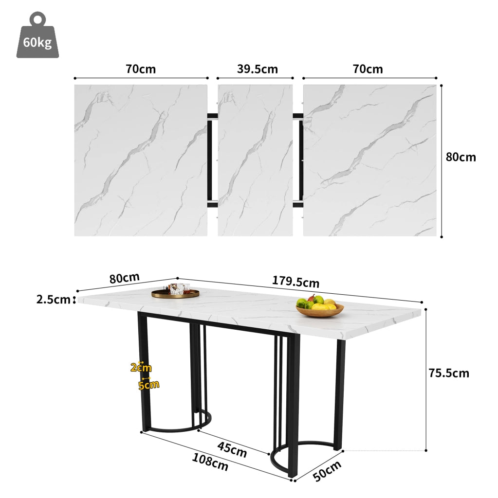 Tavolo da pranzo allungabile 140-179.5x80x75.5 cm; MDF; metallo; bianco/nero