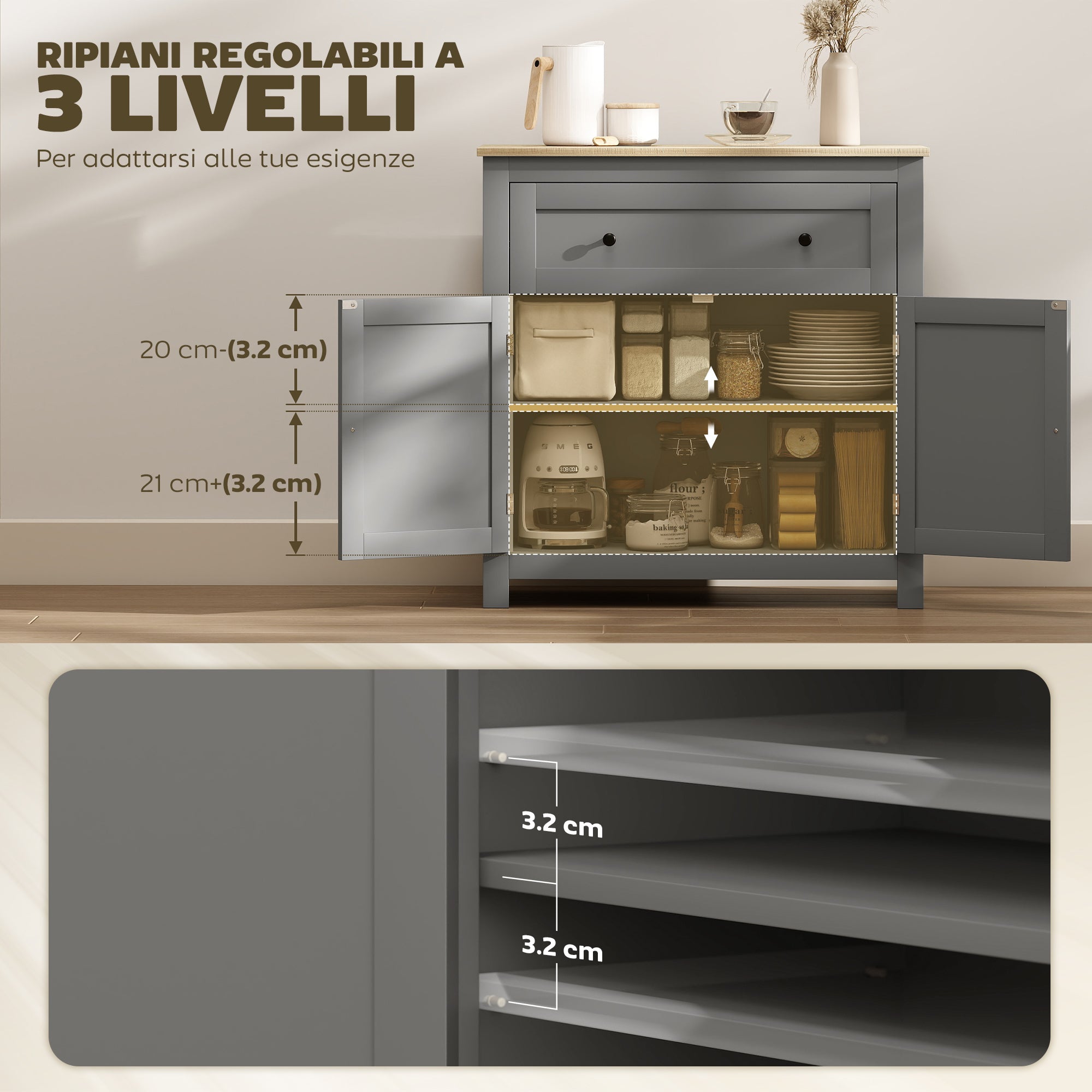 Credenza Cucina Bassa 78.5x35x80 cm con Cassetto e Armadietto in Legno Grigio