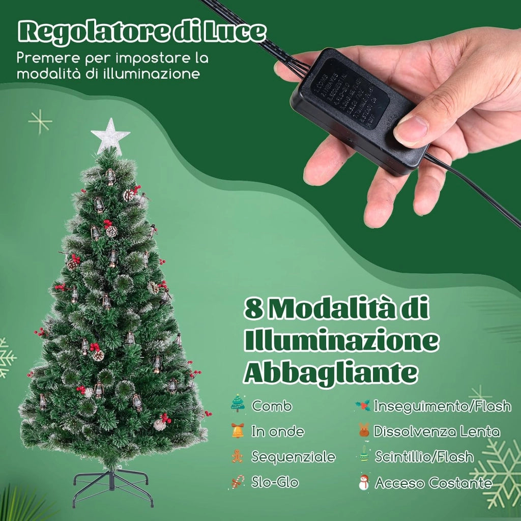Albero di Natale 180CM, Albero di Natale con 64 Luci LED, Fibre Ottiche, 8 Modalità di Illuminazione e 220 Rami, Ago di Pino, Pigne, Bacche Rosse e Lampade a Paraffina (180 CM)