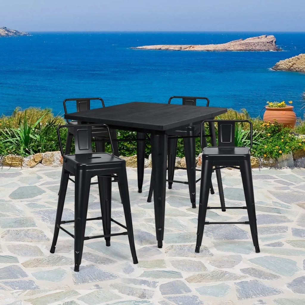 Set di 4 Sgabelli da Bar da 62 cm, Impilabile Sedie da Cucina Alto, in Metallo, con Schienale Rimovibile, Poggiapiedi, Design Industriale (Nero)