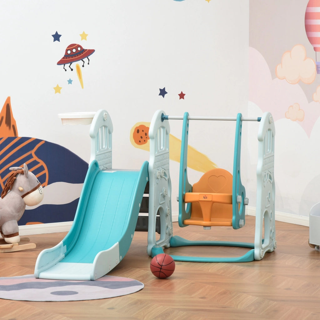 EasyComfort Scivolo 3 in 1 per Bambini con Altalena Regolabile, Canestro e Palle per Cameretta e Giardino, 149x186x98cm, Blu e Arancione
