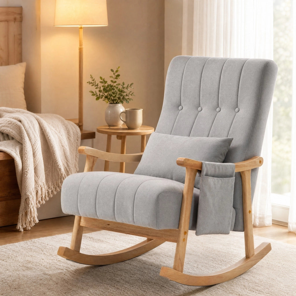 Poltrona a dondolo 65x90x98 cm con cuscino lombare; tasche laterali; poliestere grigio