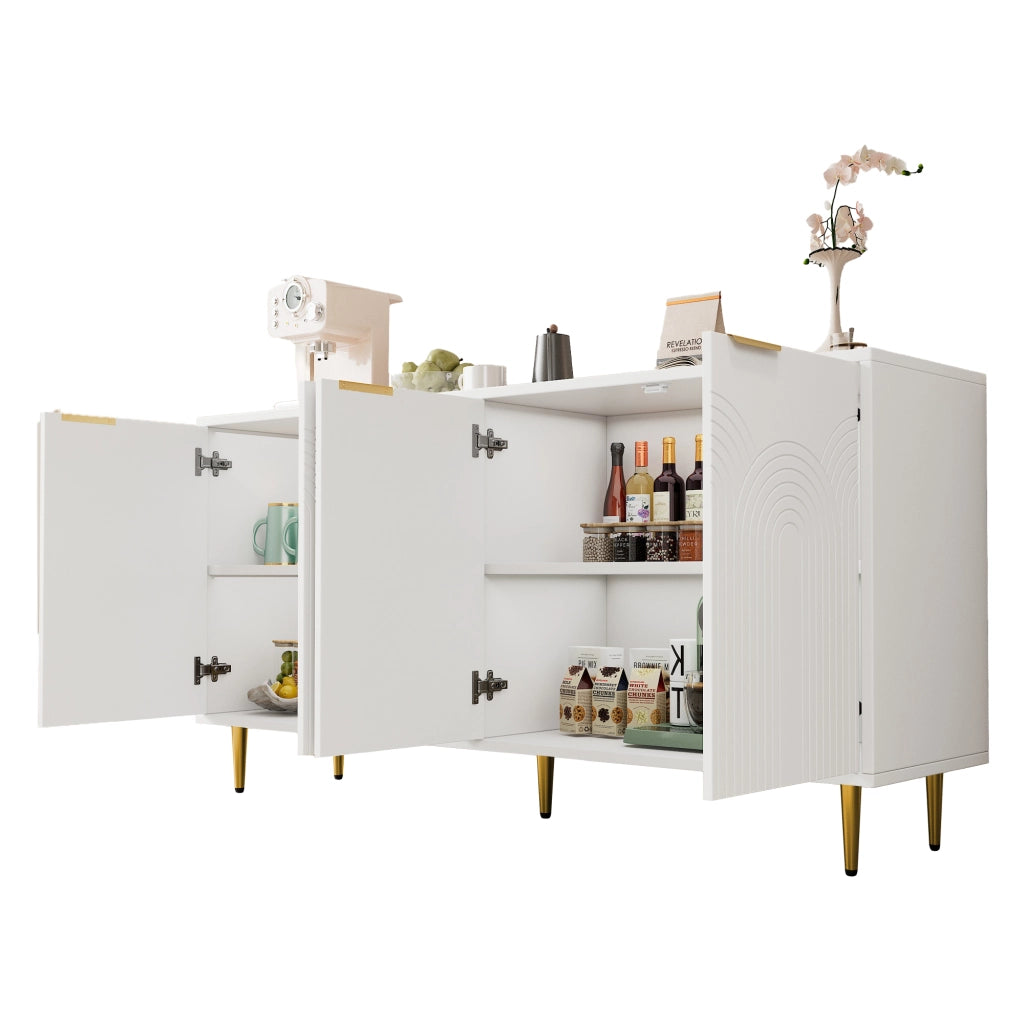 Credenza soggiorno bianca 4 ante con maniglie e dettagli oro, 160x40x80 cm, ripiani regolabili
