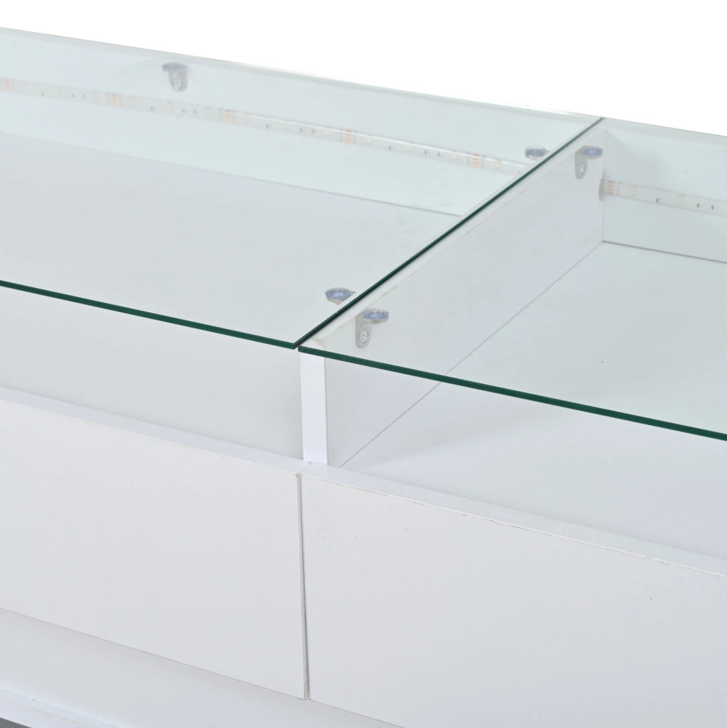 Credenza bianca in MDF con vetro temperato, due cassetti e illuminazione controllabile integrata