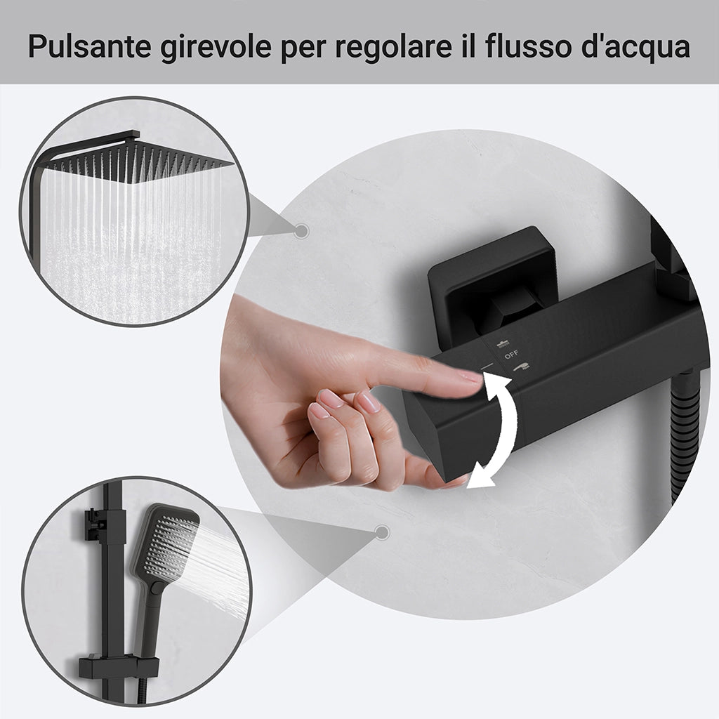 AICAIT Colonna doccia Termostatica, set doccia multifunzione con soffione quadrato 30x30cm e doccetta a 3 getti, nero