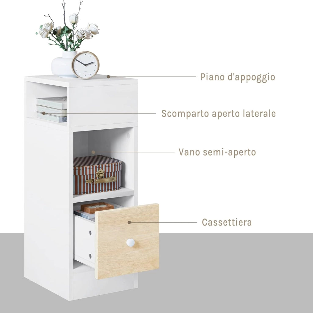 Set di 2 Comodino Stretto, Comodino con 2 Scomparti a Giorno e Cassetto, Tavolino da Notte 25x30x66cm, Mobile Salvaspazio per Camera da Letto, Soggiorno, in Truciolato, Rovere, 0011CTG-2-FL