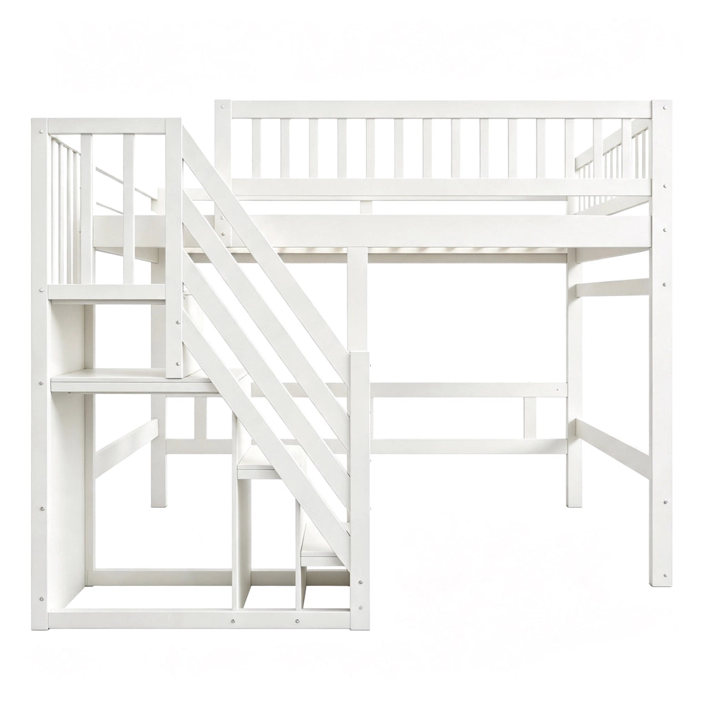 Letto in legno 140x200 cm con scala contenitore e sponda alta; bianco