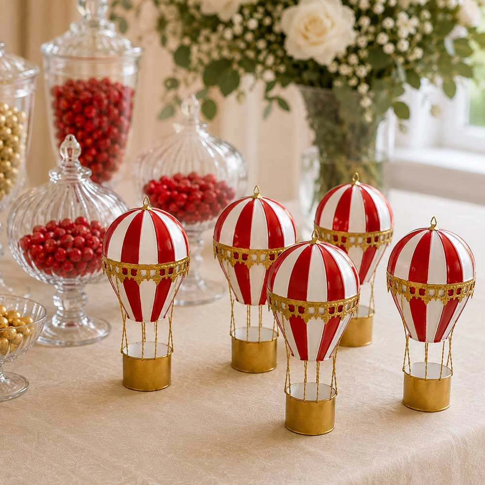 Mongolfiera Decorativa h 20 cm Metallo Rossa e Dorata da Appendere o Appoggiare