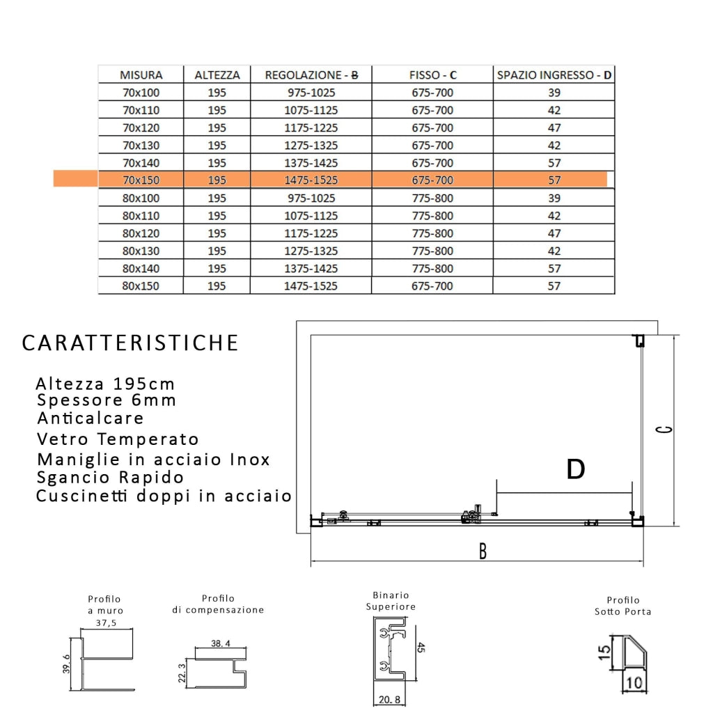 Box Doccia Angolare 80x150 cm 1 Anta Scorrevole in Cristallo Trasparente 6mm H195 Bonussi Eliane