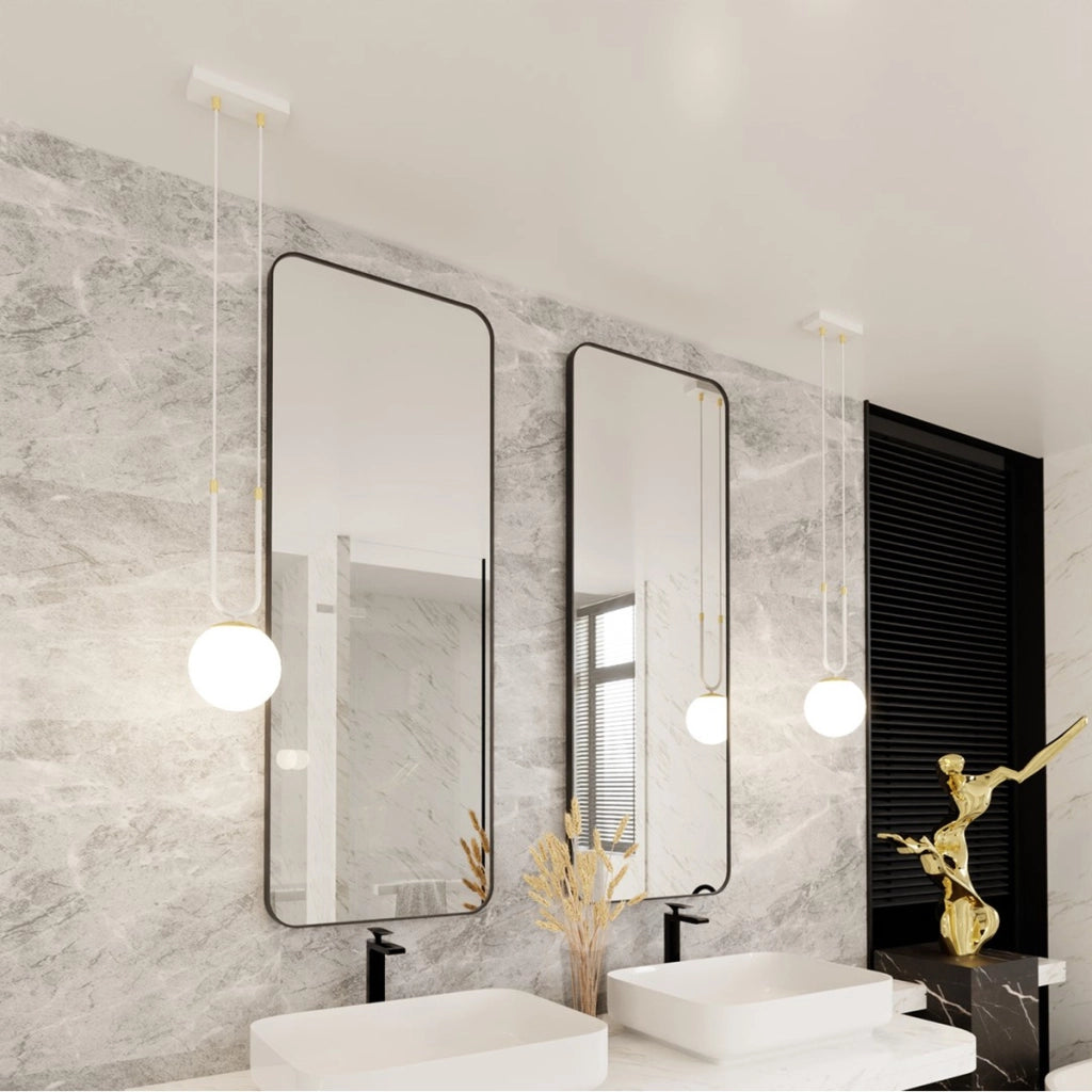 Lampada a sospensione GLAM in acciaio bianco opale e oro