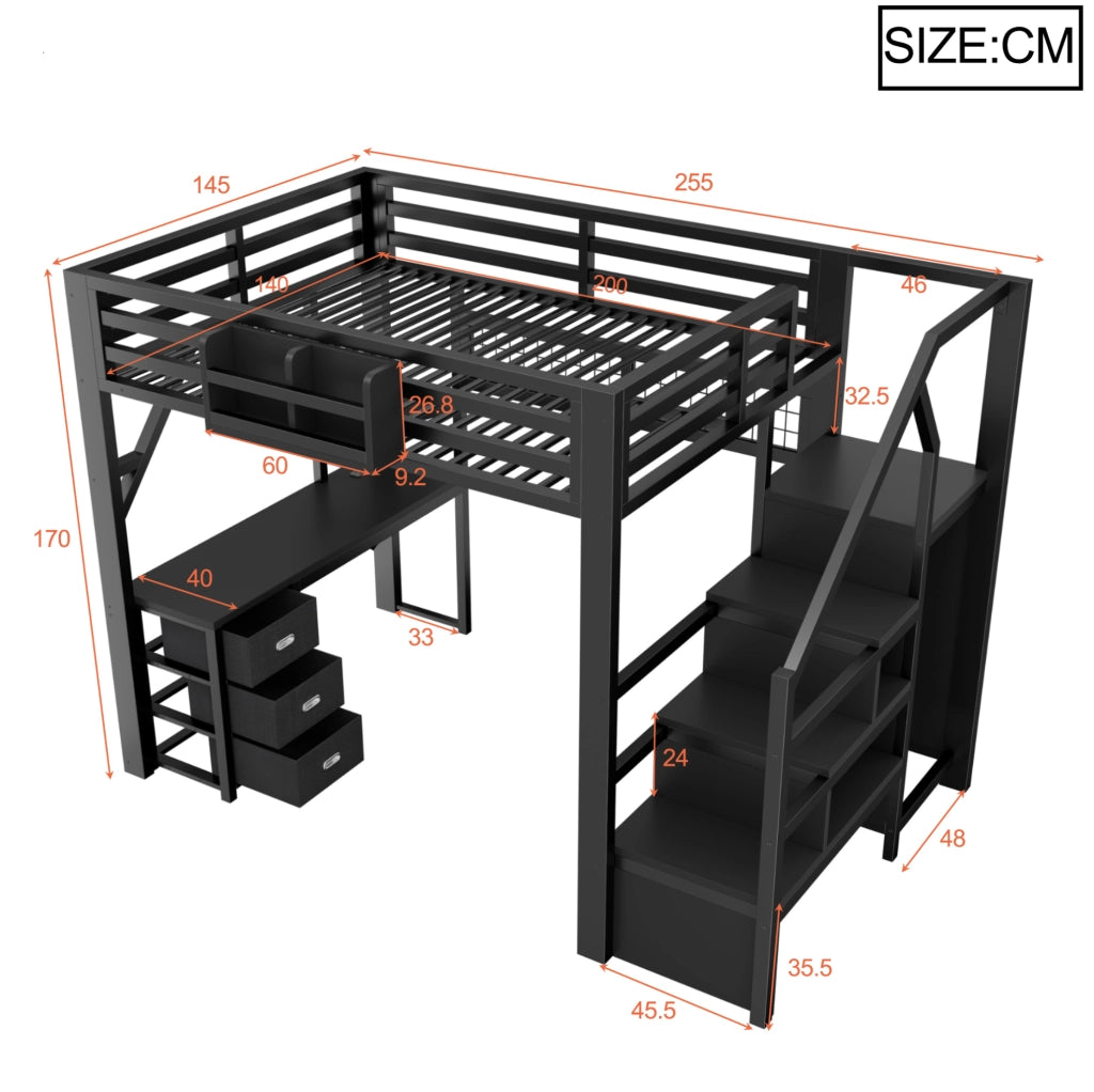 Letto a soppalco ULEVR 140x200 cm con scrivania, armadio, 3 cassetti e LED Bluetooth, nero