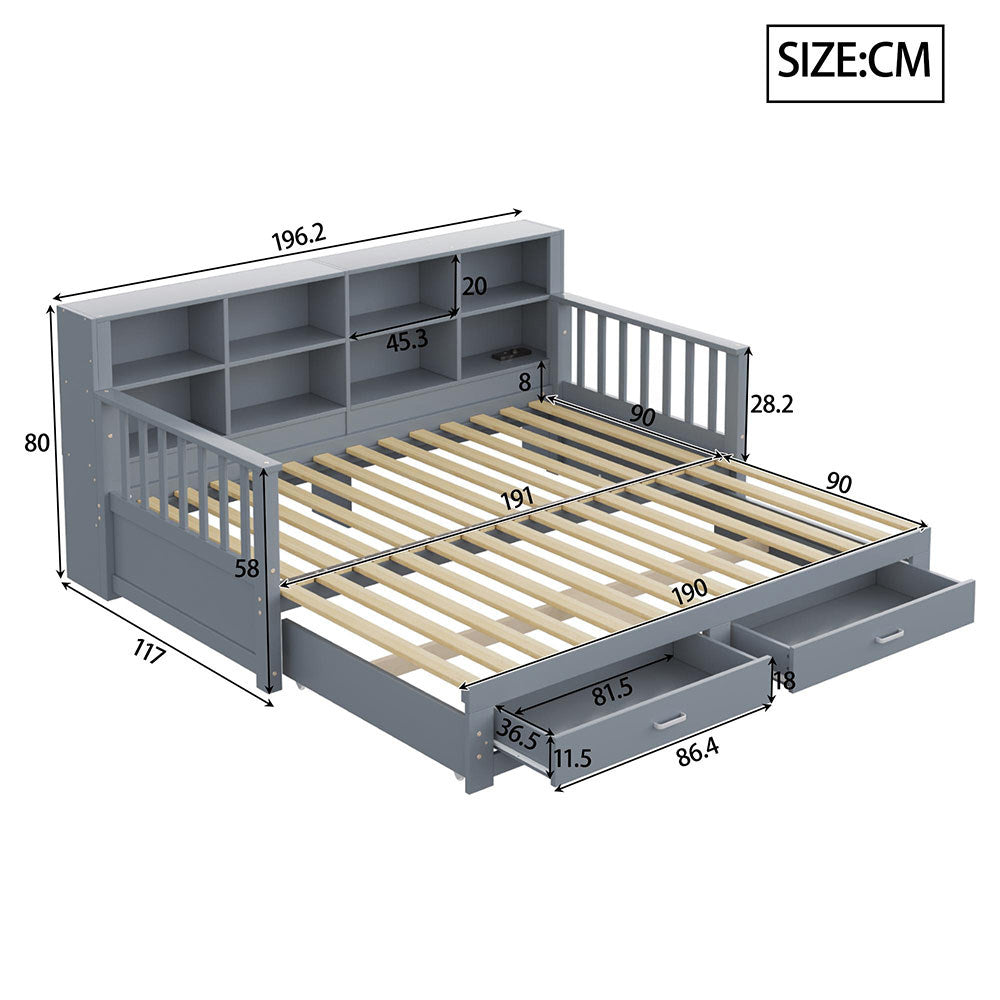 Divano letto estensibile 90/180x190cm - Xylo - grigio, 2 cassetti, doghe