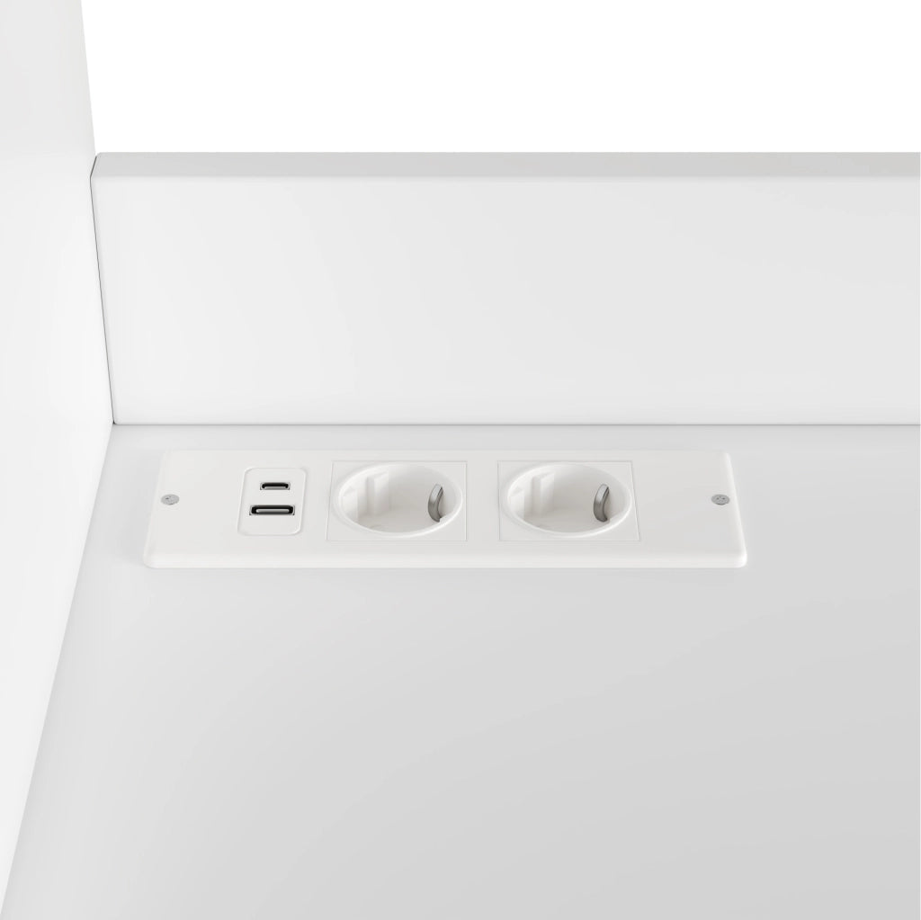 Credenza alta 120x40x178 cm in truciolare bianco con frontale in acrilico e prese USB