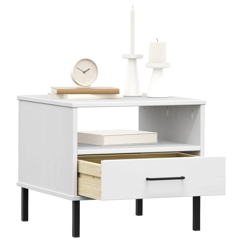 Comodino | Armadio da Notte | Mobiletto da notte con Gambe in Metallo Bianco Legno Massello Pino OSLO