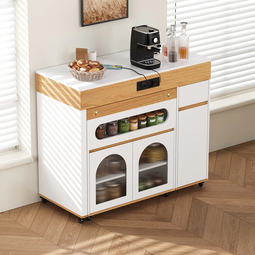 Tavolo allungabile con cassetto e vano contenitore vetrato; per cucina e sala da pranzo; stile moderno