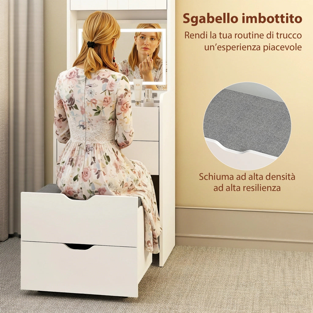 Toeletta Trucco con Specchio Illuminato e Sgabello, Luce Regolabile, Cassetti e Armadietto, Bianco