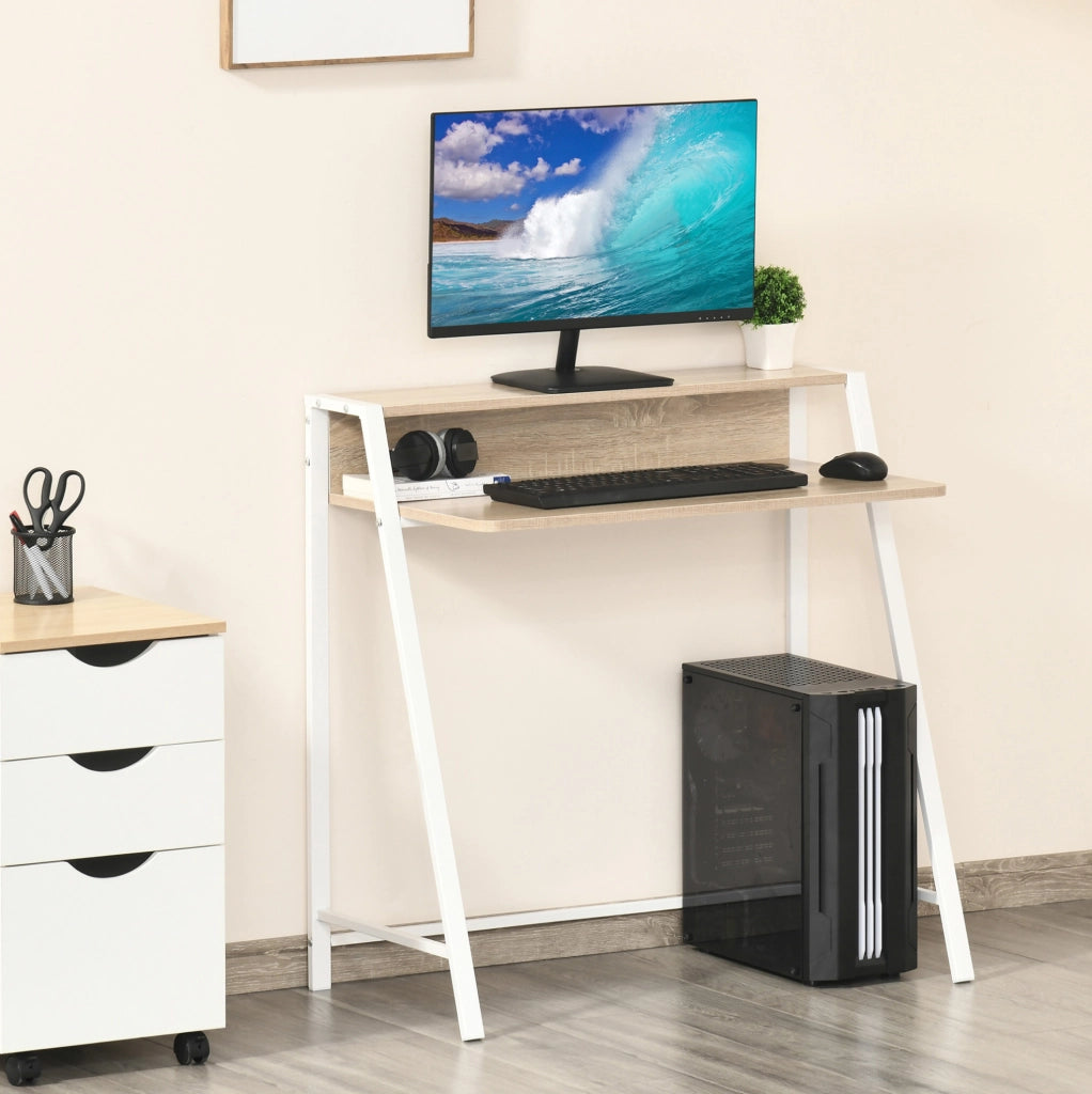 Scrivania per computer 84x45x85 cm bianco e rovere con passacavi e ripiano