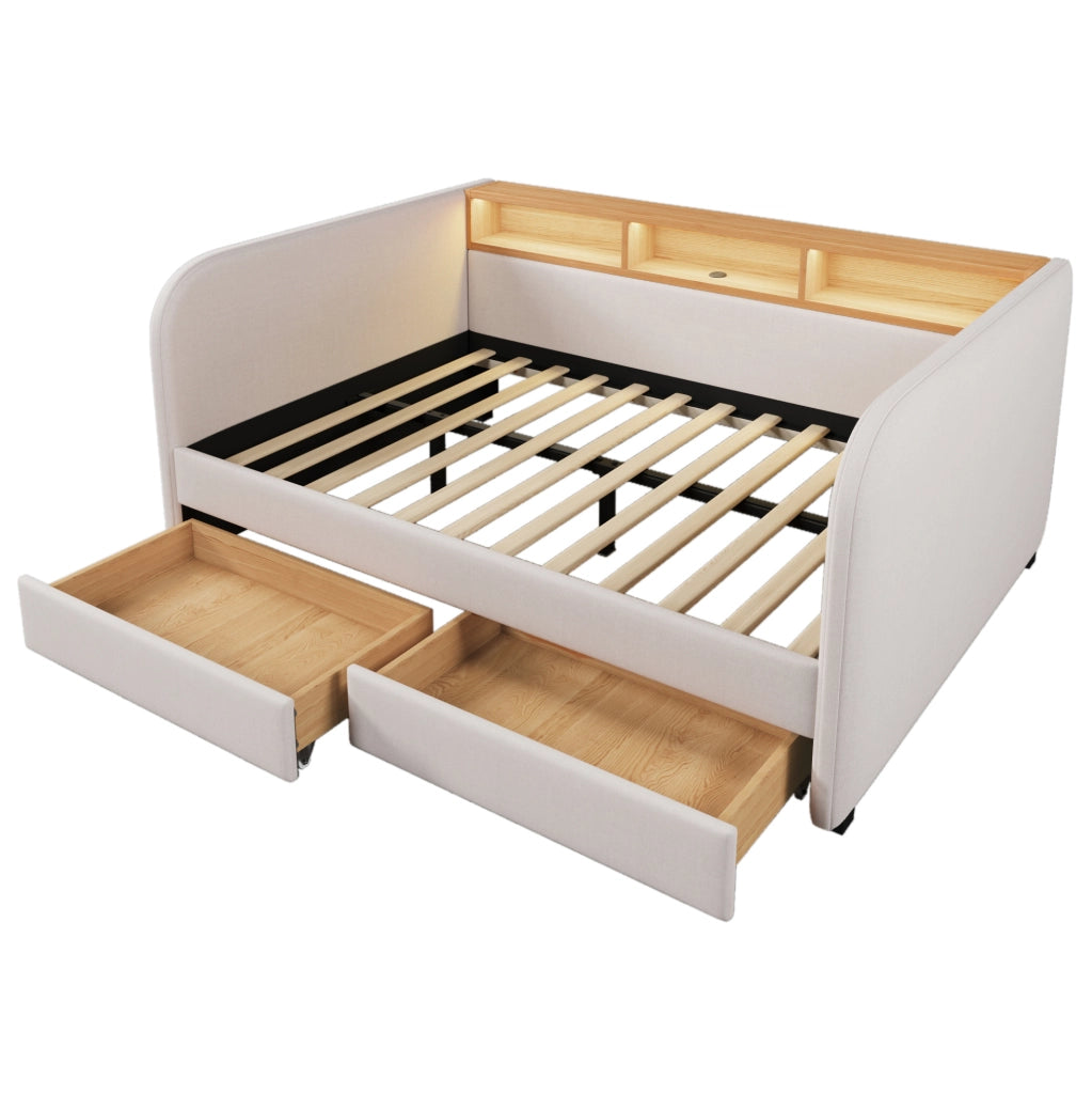 Letto matrimoniale 140x190 cm con LED; USB e Type-C; 2 cassetti; in lino beige chiaro