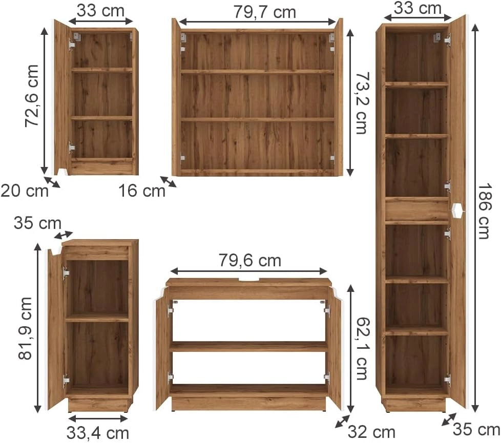 Set di mobili da bagno Lotta, Rovere/bianco a strisce, 5 parti