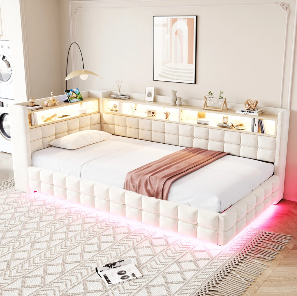 Letto imbottito multifunzione 90x200 cm con contenitore, LED e prese