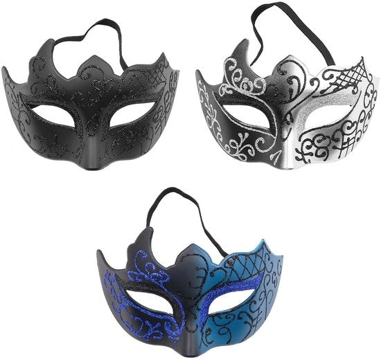Maschera Veneziana - 3 Pezzi - Leggera in Plastica - Cintura Elastica - Festa/Mascherata - Accessorio di Costume - Portatile e Comodo