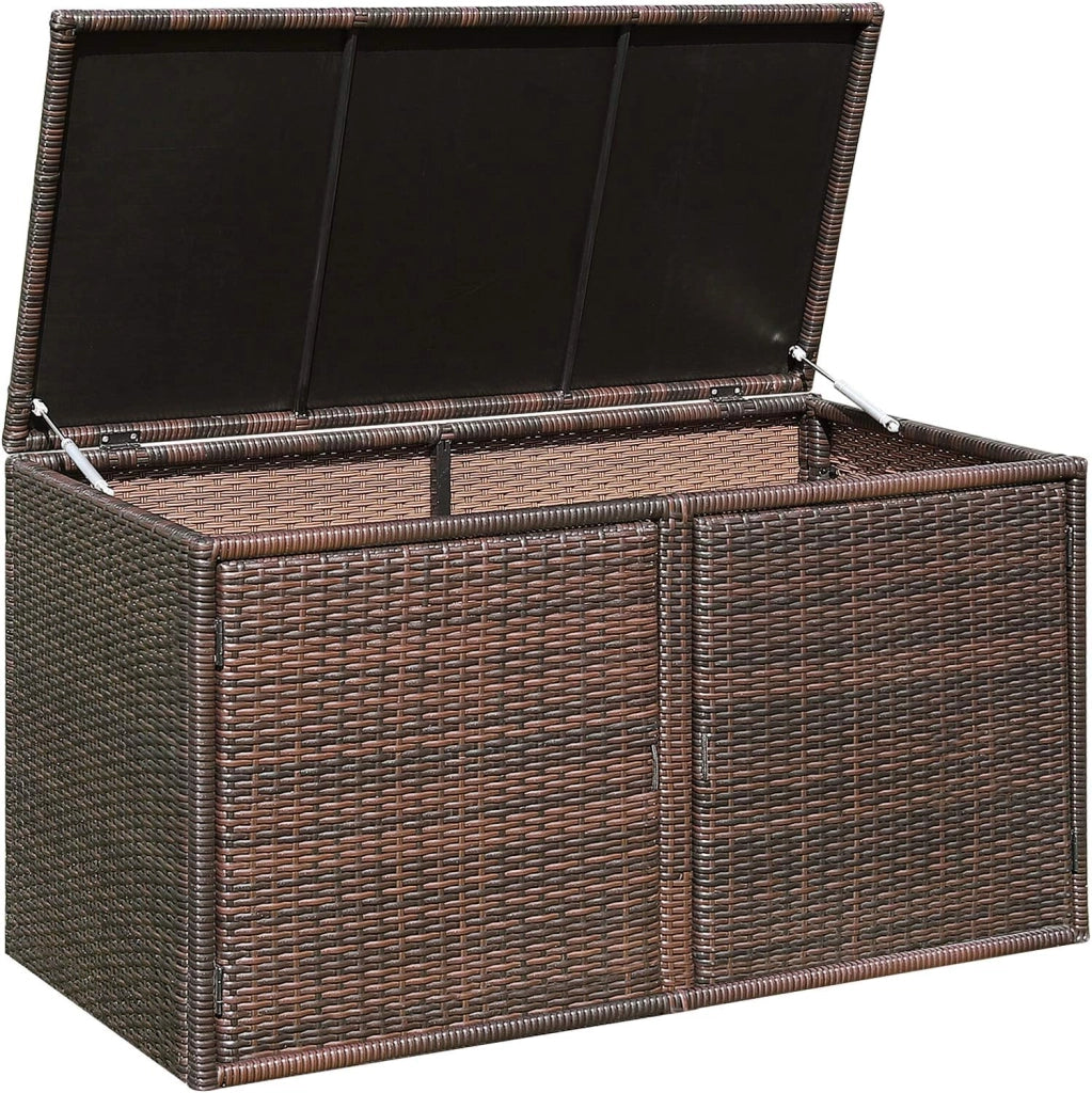 Baule Contenitore da 335L, con Coperchio e 2 Ripiani, Contenitore da Giardino con Telaio in Acciaio, Box per Conservazione di Attrezzi Giocattoli Accessori (Marrone)