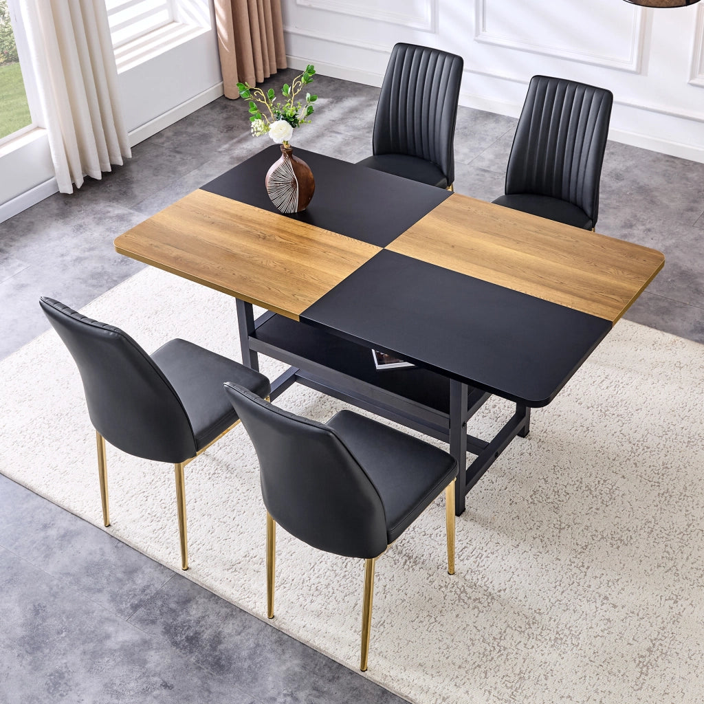 Tavolo da pranzo per 4 persone con vano contenitore e 4 sedie in PU per cucina e sala da pranzo moderno nero e oro