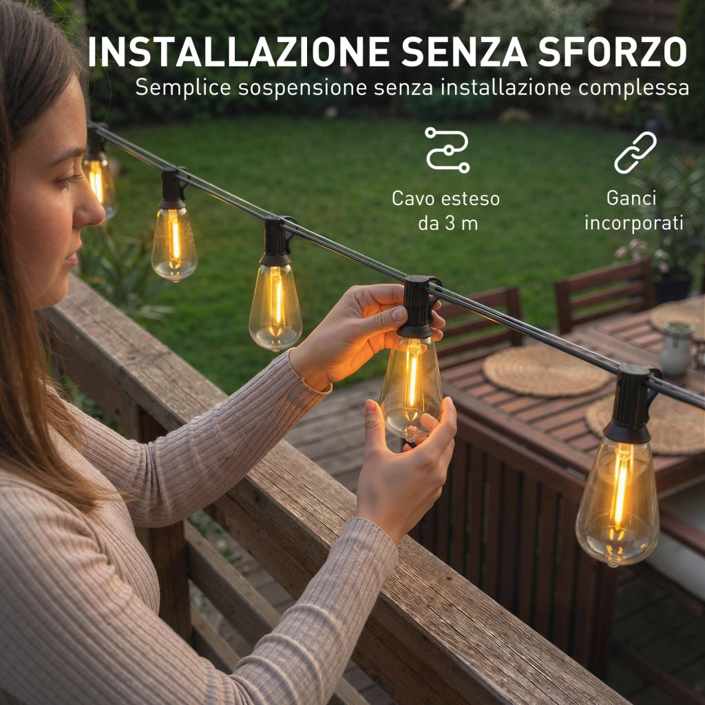 Catena Luminosa da Esterno 1800x3,8x9 cm con 50 Luci LED IP44 in PET e Plastica Nero e Trasparente