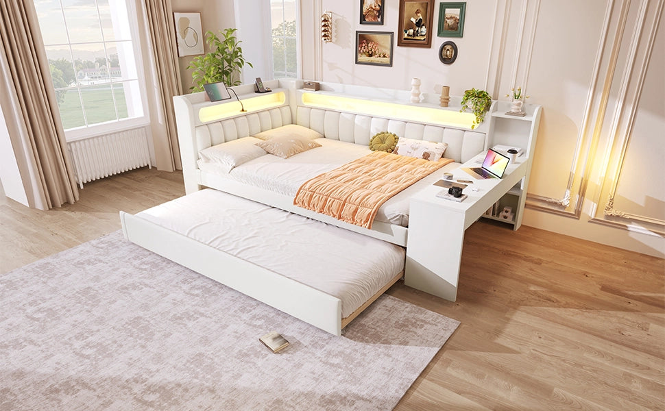 Daybed imbottito con USB, LED, letto estraibile e scrivania, 140x200 cm, bianco