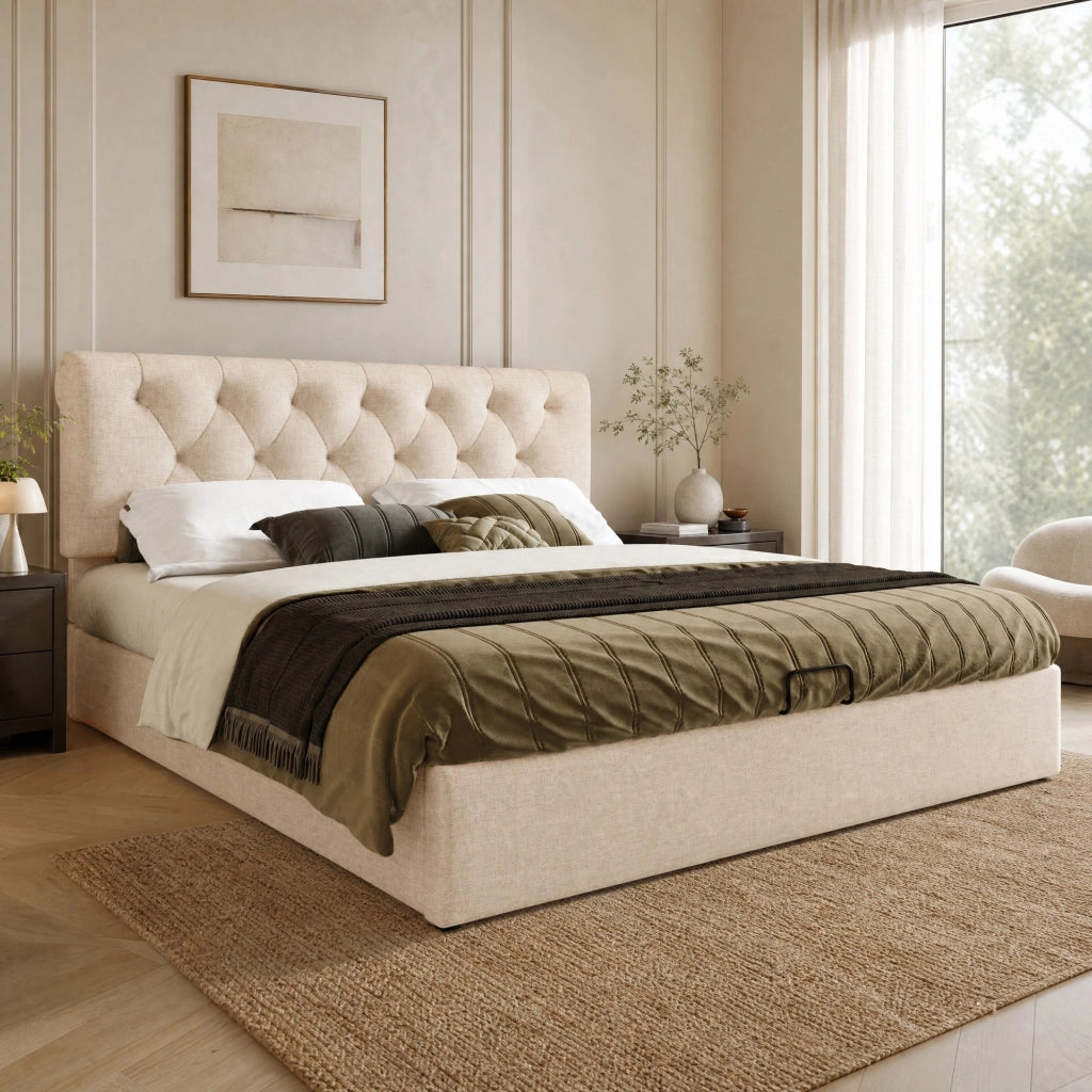 Letto matrimoniale imbottito 160x200 cm con contenitore, testiera regolabile e materasso incluso