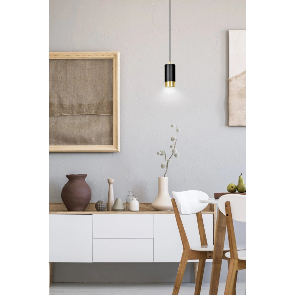 Lampada a sospensione Fumiko in acciaio nero opaco e oro