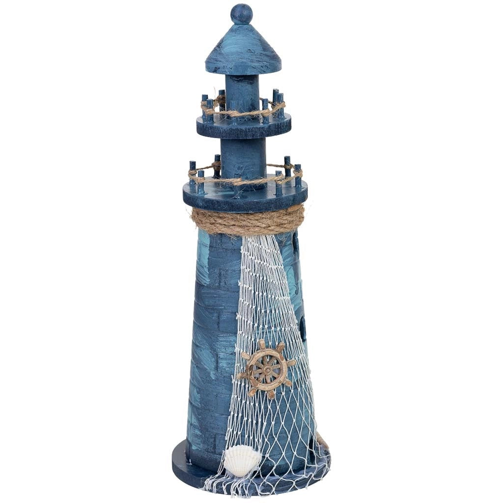 Figura decorativa a forma di faro in legno blu, 11x11x31h cm
