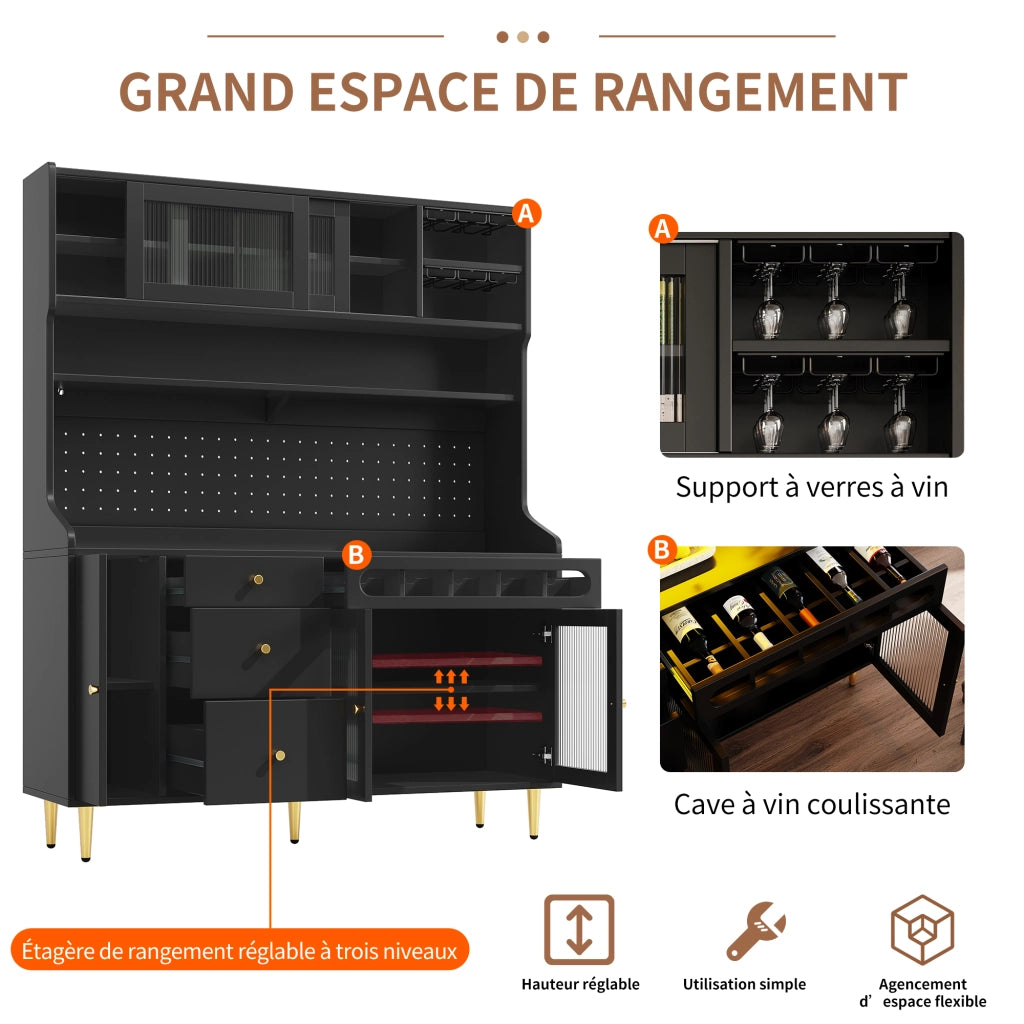 OKWISH Credenza alta da cucina con 1 cassetto, ripiani regolabili, LED USB e portabottiglie, per cucina, MDF e vetro, nero